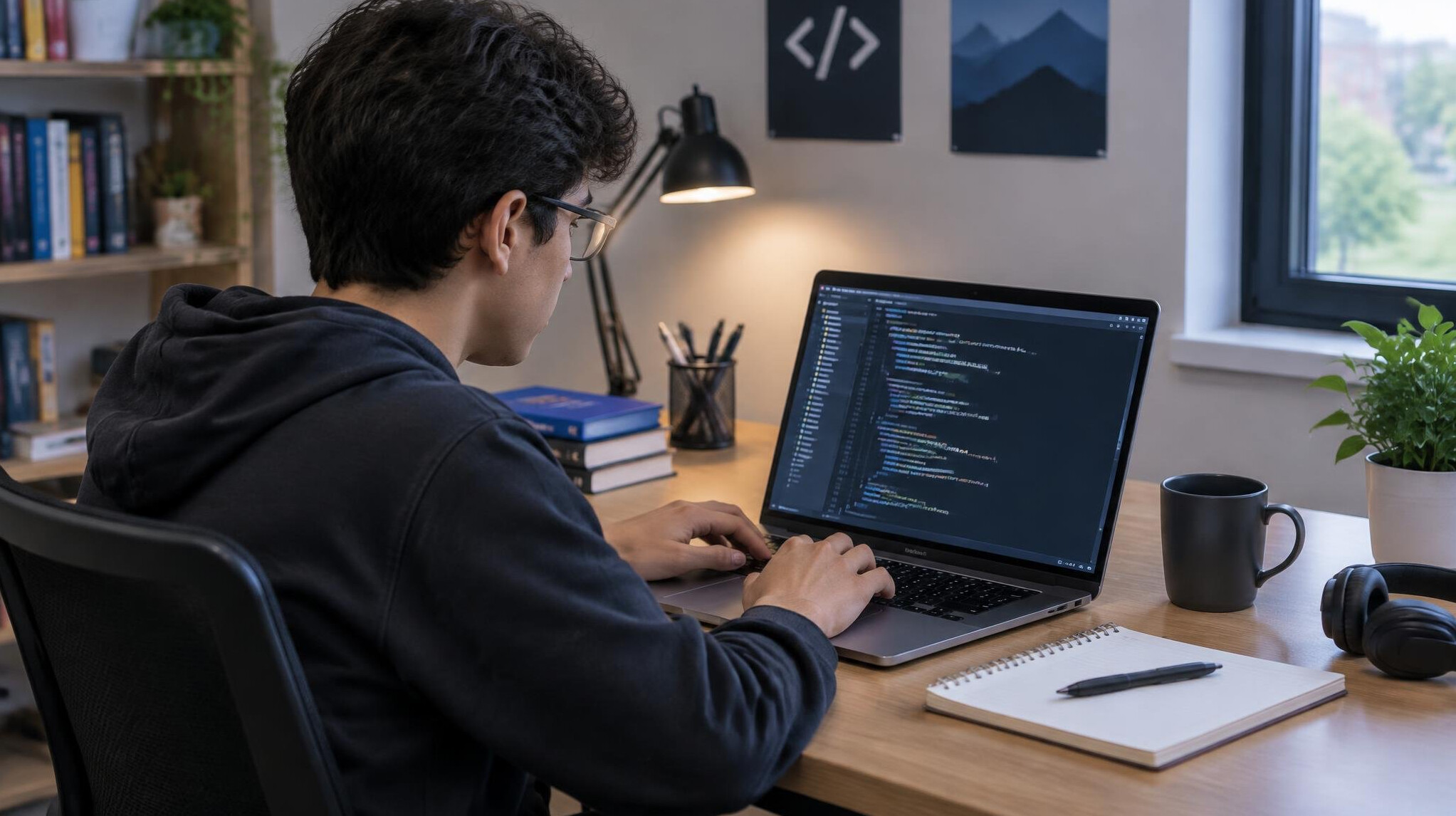 young person coding on laptop