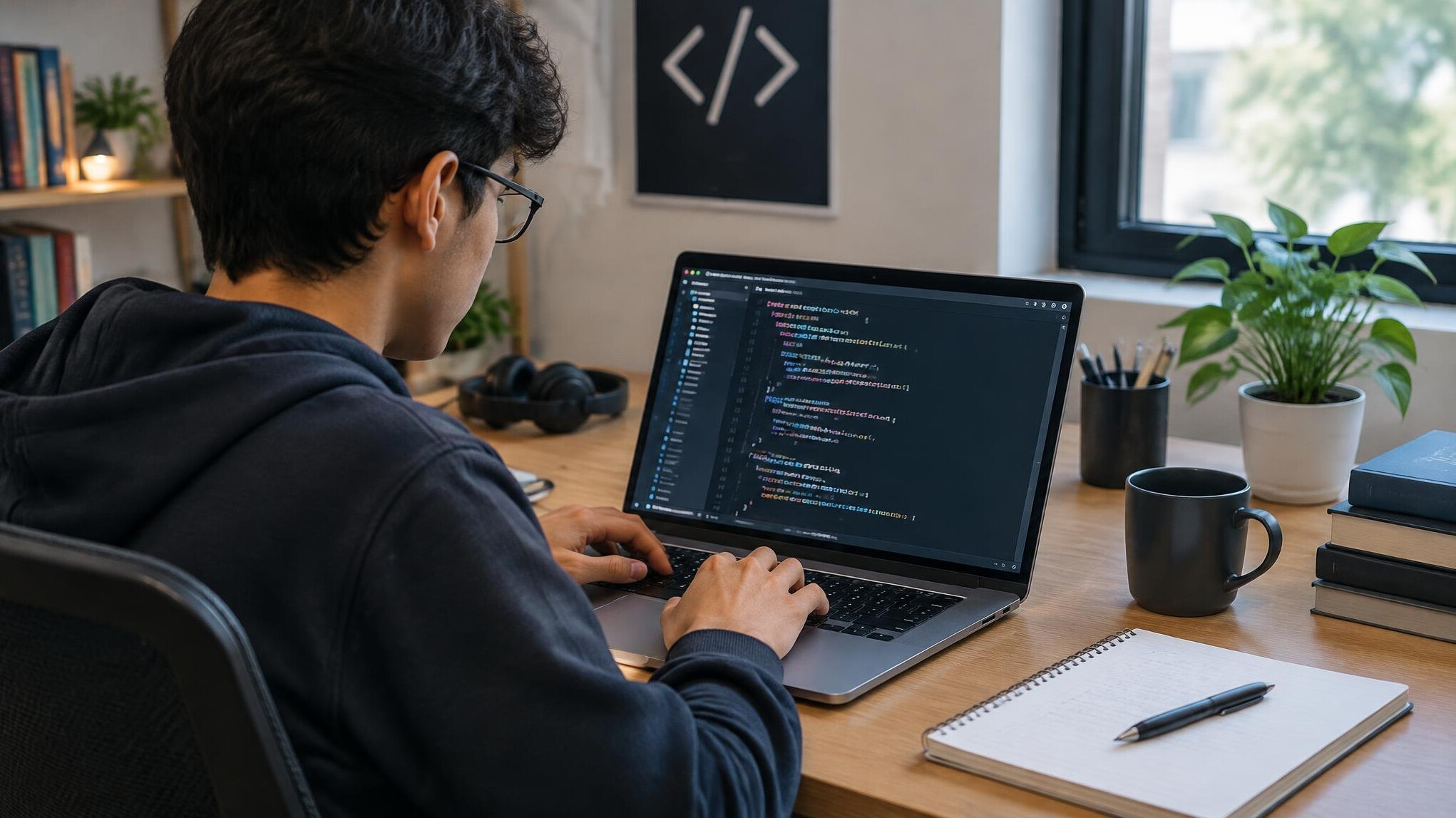 young person coding on laptop