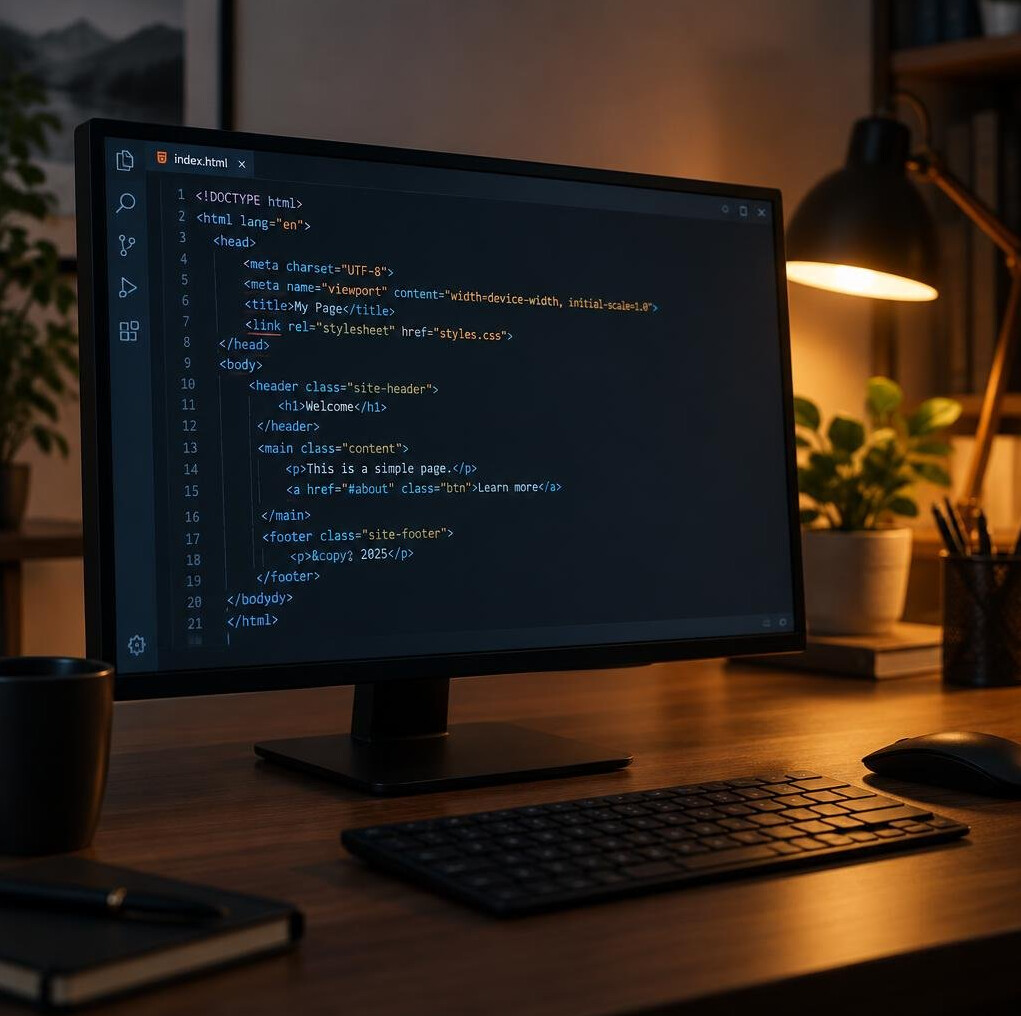 Code editor with HTML markup on screen