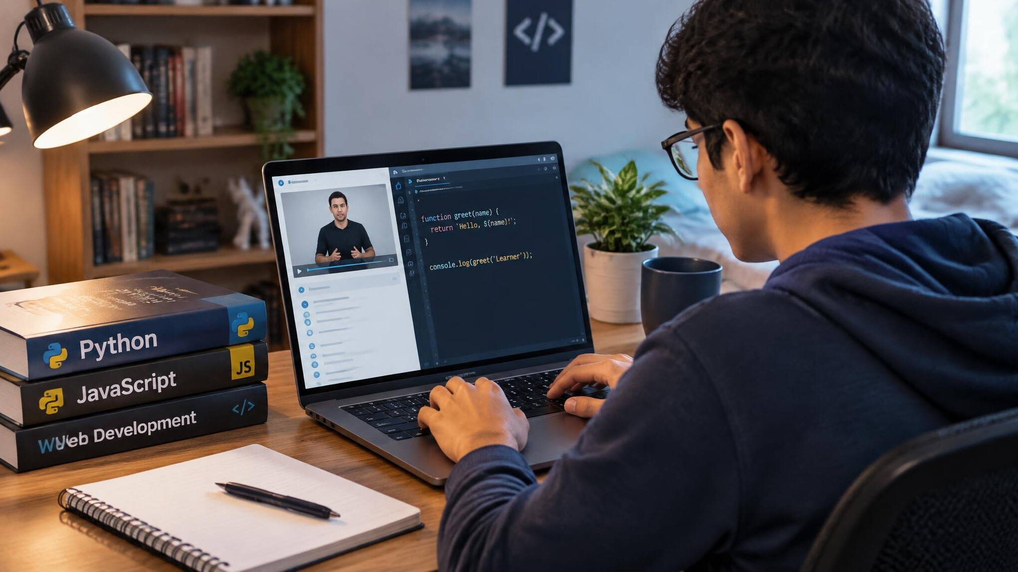 student learning programming on laptop