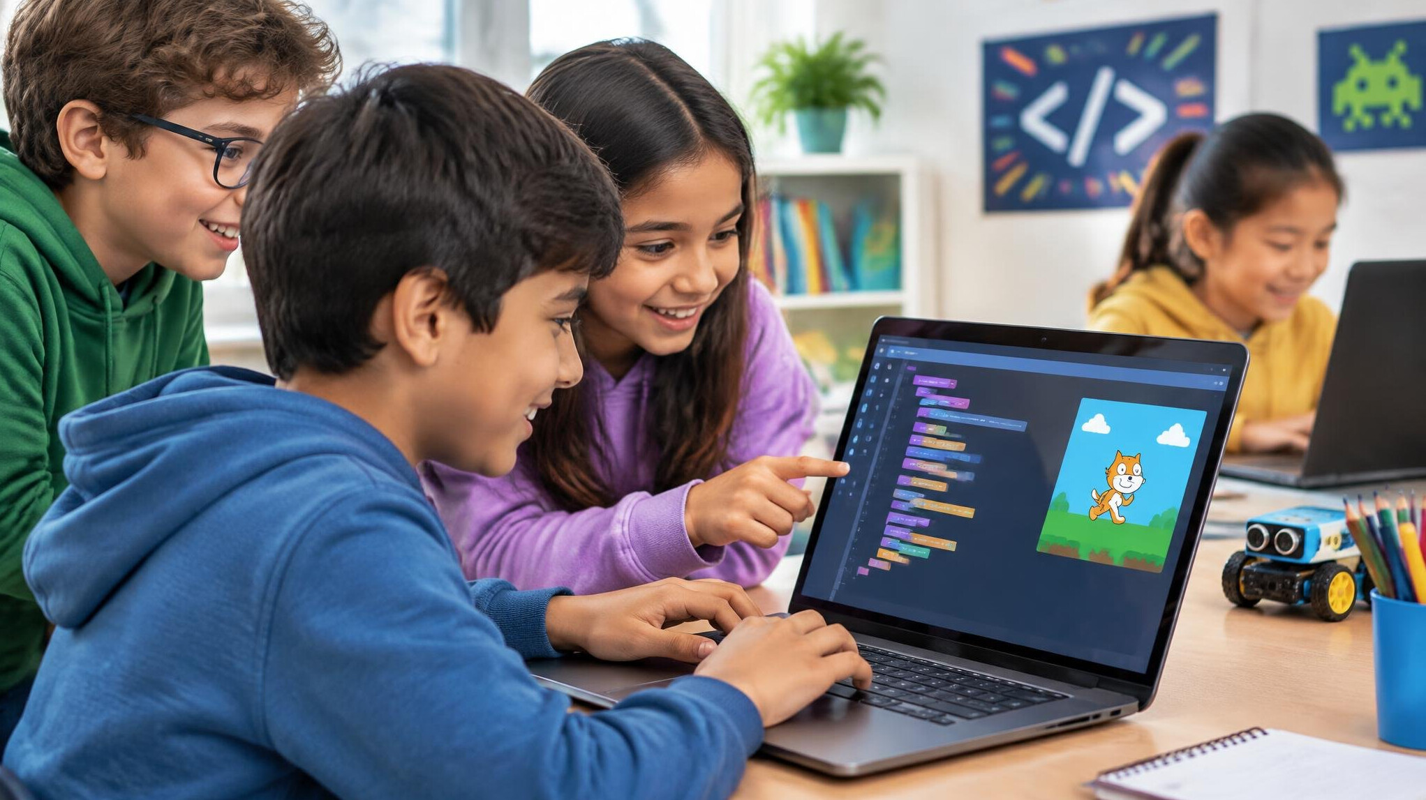 kids coding on computer