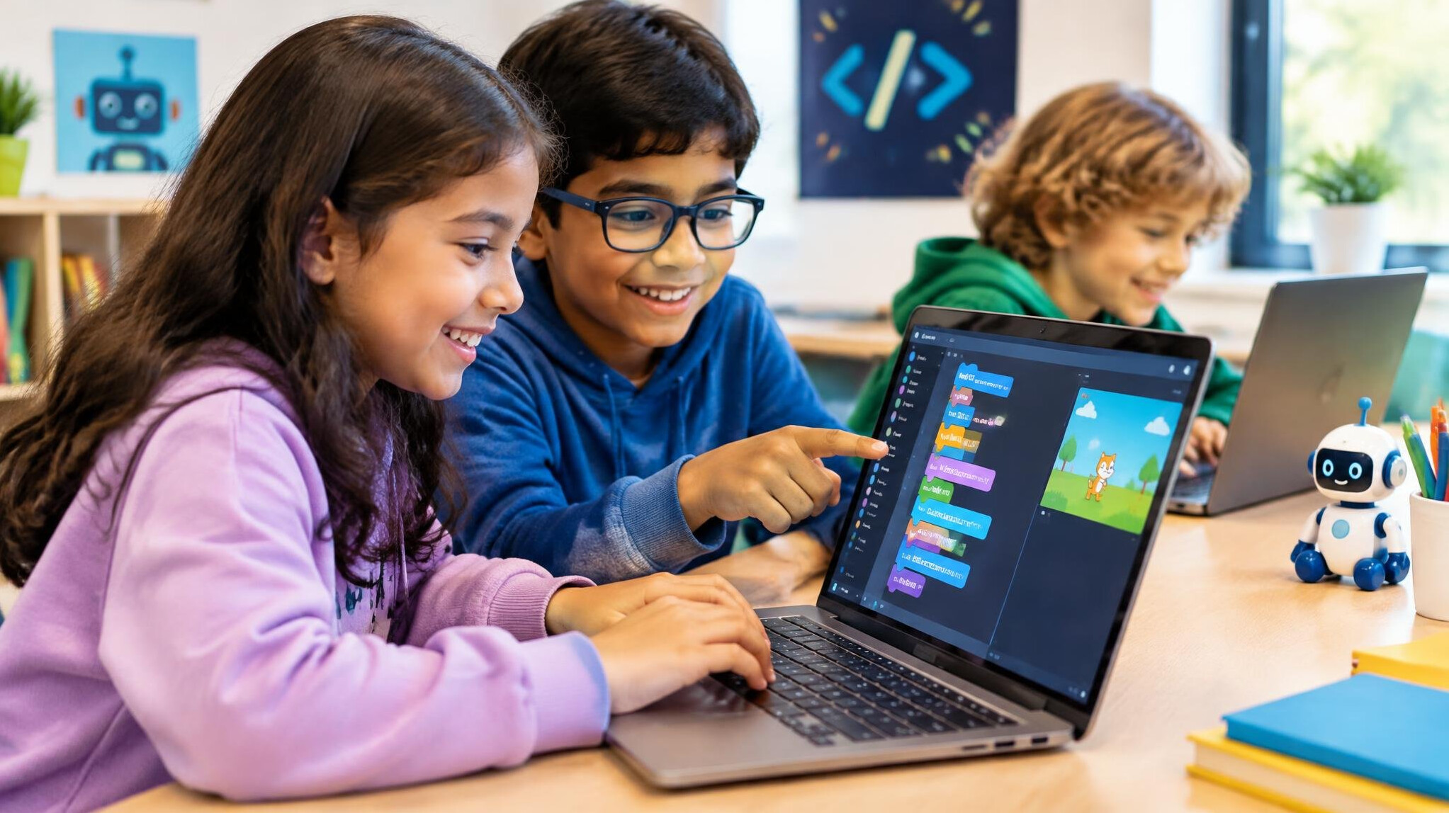 kids coding on computer