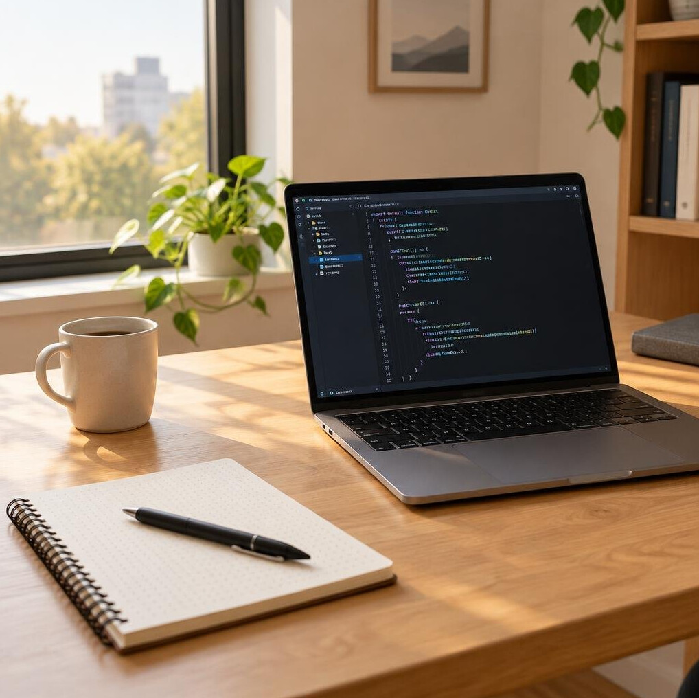 Laptop with code and a notebook on a desk